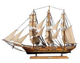Antique miniature of sailing ship in patinated wood, 20th century