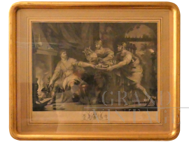 Antique etching with charity scene, in gilded frame