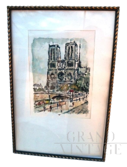 Watercolor painting by Robert Le Berger depicting Notre-Dame Cathedral