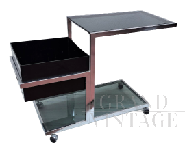 70's bar trolley in steel with smoked glass tops and container