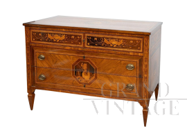 Antique Louis XVI Lombard chest of drawers in fine woods, 18th century