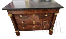 Antique Empire chest of drawers in briar with black marble top           