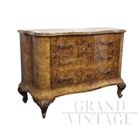 Comò in stile Chippendale in radica con piano in marmo                            