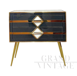 Vintage bedside table covered in dark grey glass and brass, 1970s