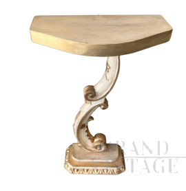 Baroque style console in white and gold painting, with rocaille leg