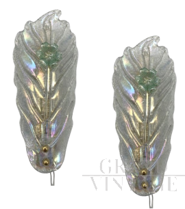 Pair of leaf wall lights appliques in etched Murano glass, attr. Barovier