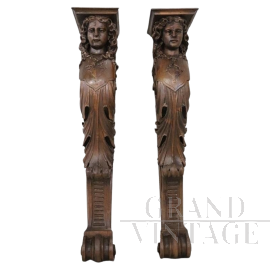 Pair of antique caryatid pilasters in walnut, early 20th century   