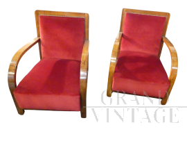 Pair of Art Deco armchairs in beech and burgundy velvet