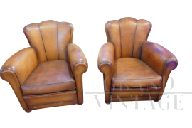 Pair of vintage brown leather club armchairs