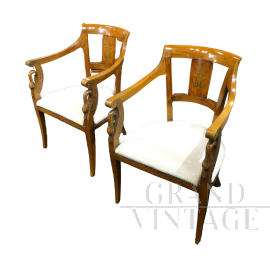 Pair of antique Lombard armchairs with brass inlays