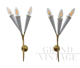 Pair of 3-light brass wall lamps, 1960s
