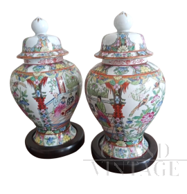 Pair of vintage Chinese hand-painted porcelain jars