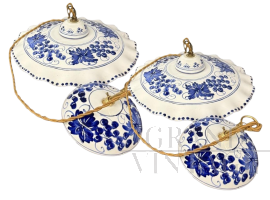 Pair of vintage hand-painted ceramic chandeliers with blue decorations