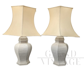 Pair of white porcelain table lamps, Italy 1960s