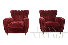 Pair of 1940s Art Deco armchairs in burgundy velvet