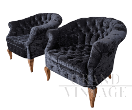 Pair of Chesterfield armchairs in black velvet
