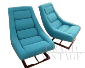 Pair of 70s design armchairs with single wooden foot  