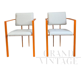 Pair of orange postmodern armchairs with white bouclé wool fabric