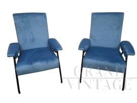 Pair of 1970s reclining armchairs in light blue velvet