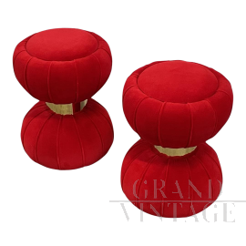 Pair of hourglass ottomans stools in red velvet