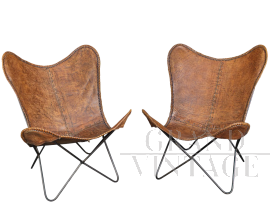 Pair of butterfly chairs in iron and leather