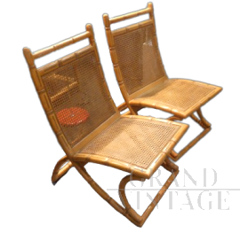 Pair of vintage chairs in bamboo-type wood and Vienna straw                            