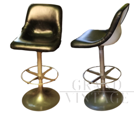 Pair of vintage Tulip stools in white plastic and black skai, 1970s