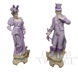 Pair of lady and gentleman statues in biscuit porcelain