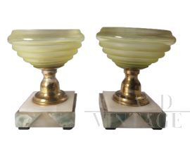 Pair of glass cup vases on a marble base