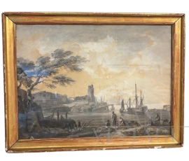 Antique grisaille painting on paper with a port scene, 18th century
