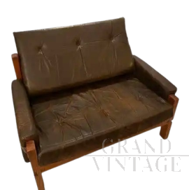 S18Y two-seater sofa by Pierre Chapo in brown leather