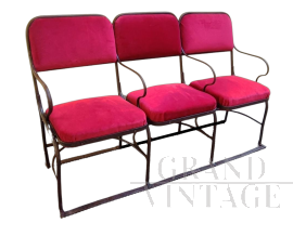Row of 3 red velvet Italian theater chairs from the 1930s      