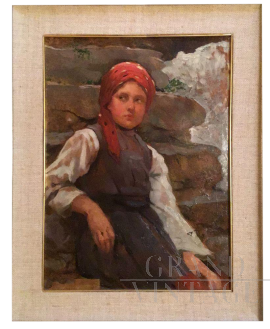 Giovanni Guarlotti, Little girl with a red shawl, painted on wood