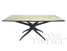 Large Ico Parisi style table in dark wood with marbled glass top