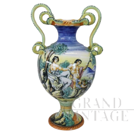 Large hand-painted majolica amphora vase, late 19th century