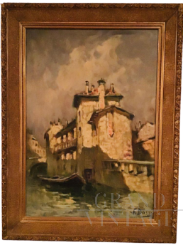 Ivan Karpof La Conca del Naviglio, oil on canvas. (Signed F. Dossi)