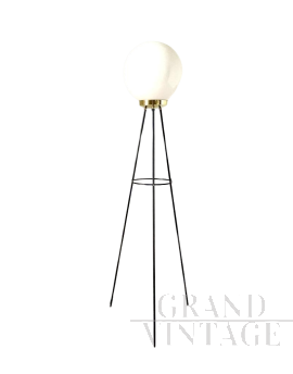 Stilnovo tripod floor lamp in iron and opaline glass, Italy 1950s
