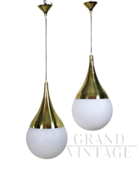 1970s drop suspension light in brass and glass