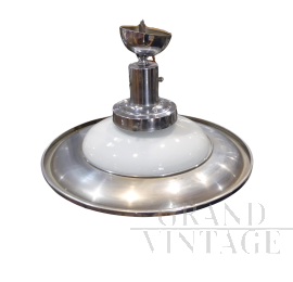 Rationalist chandelier in chromed brass and opaline glass, 1940s