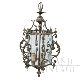 Vintage 80s lantern in chiseled bronze and glass           