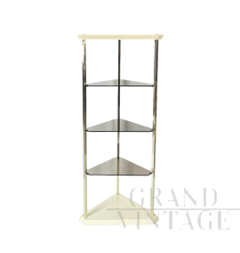 Stillglass corner open bookcase in ivory lacquered wood and smoked glass, 1980