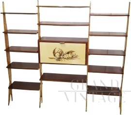 Vintage modular bookcase wall unit in maple and mahogany with print