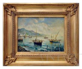 Marina painting by Luigi Basile, Posillipo school, oil on panel