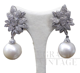 White gold flower earrings with Australian pearls and diamonds