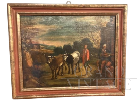 Landscape with oxen and characters - Antique Flemish painting from the 17th century