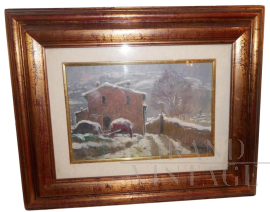 Snowy landscape, oil painting on cardboard, 20th century, signed