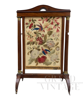 Antique spark arrester for fireplace in wood and embroidered canvas