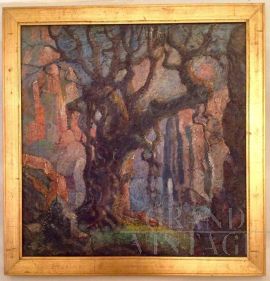 Large tree with naked woman lying, French symbolist painting from the 1930s