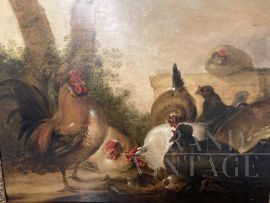 Important Flemish painting from the 17th century - landscape with roosters