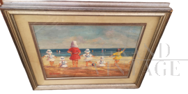 Little girls by the sea - Painting by Grassi, 1940s